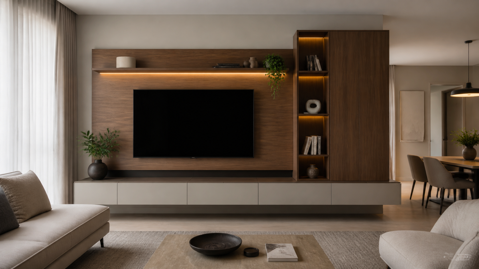 Sala planejada em Curitiba: painel de TV, rack e armazenamento bem resolvidos